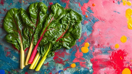 Obraz premium Swiss chard with colorful paint splatters behind it