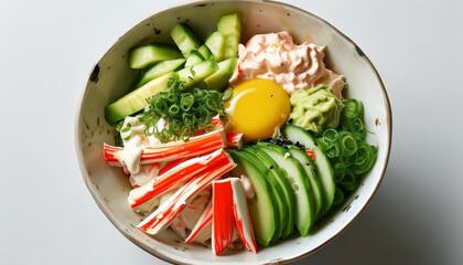 Fresh Japanese Kani Salad Bowl with Crispy Vegetables and Egg Yolk Topping