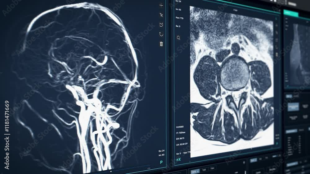 Aufkleber MRI Brain Scans on Multiple Windows with Data on Computer Display. Medical Research Environment Software User Interface with Animated Magnetic Resonance Imaging Results of a Patient Brain
