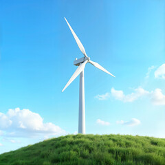  A lone wind turbine on a lush green hill under a vibrant blue sky with fluffy clouds.
