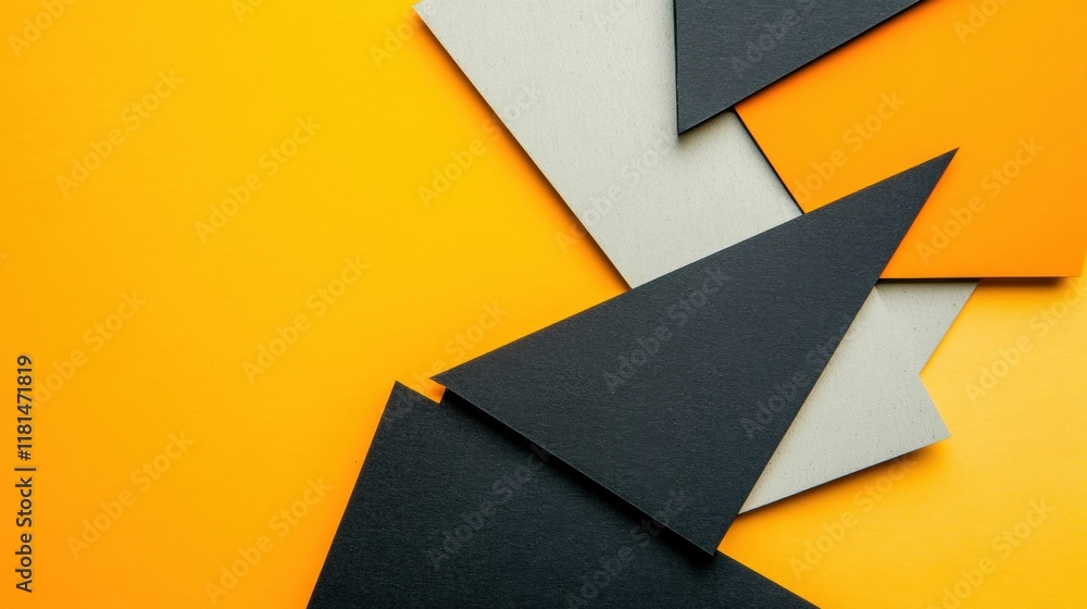Poster geometric elements in black, orange, and gray are artistically arranged against a bright yellow back