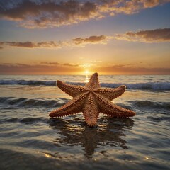 Fototapeta na wymiar A starfish on a tranquil shoreline, with the golden hues of sunrise lighting up the sky.