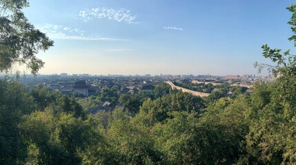 Fototapeta premium Panoramic City View with Ancient Wall and Lush Trees