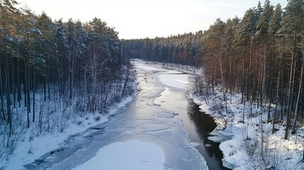 Scenic winter forest with a frozen river under a clear sky