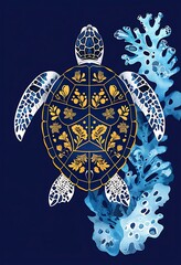 Stylized Navy Blue Turtle with Floral Patterns Art