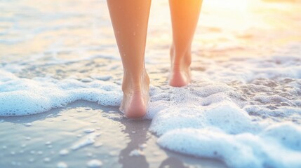 A person wades through soft ocean waves at the beach, enjoying the warm glow of sunset while the water gently laps at their feet