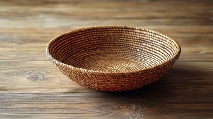 Woven rattan bowl placed on a wooden surface against a plain wall in a well-lit setting