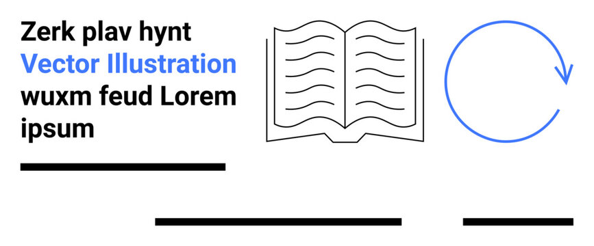 Text Zerk plav hynt, wuxm feud Lorem ipsum, open book with wavy lines, blue circular arrow. Ideal for education, publishing, libraries, learning, content management, reading, landing page