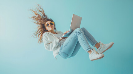 Creative young woman in sunglasses working with a laptop mid-action