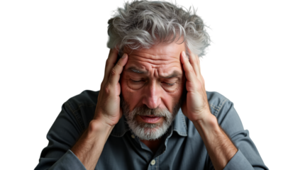 Man Holding His Head In Stress And Anxiety Concept (Isolated on a Transparent Background (PNG).