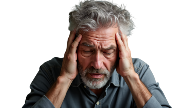 Man Holding His Head In Stress And Anxiety Concept (Isolated on a Transparent Background (PNG).