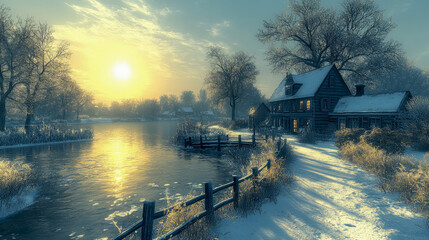 Fototapeta premium Serene Winter Sunrise: Lakeside Cottage and Snow-Covered Landscape