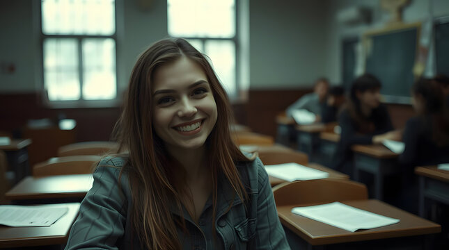 Smiling famale student sitting in university classroom