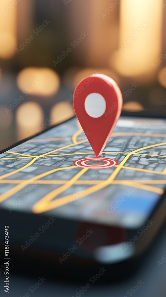 Poster Red location pin hovering above a smartphone displaying an online city map with a target, illustrating navigation apps and location services for modern travelers