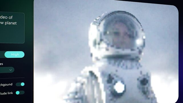 Artificial Intelligence Software on a Computer Promted to Create an AI Generated Content with an Astronaut. Text to Video App Showing a Futuristic Scene with a Female Astronaut Exploring a New Planet
