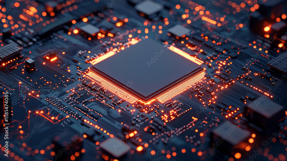 Poster advanced electronics motherboard with glowing circuits and central microchip