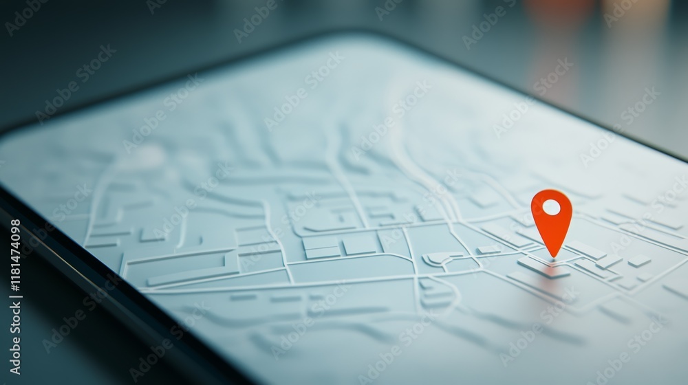 Poster Online navigation app displaying a map on a tablet with a location pin marking a specific destination, providing accurate positioning and route guidance for modern travelers