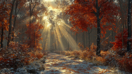 Sunbeams Illuminating a Snow-Covered Autumnal Forest Path: A Breathtaking Winter Wonderland Scene