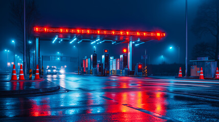Fototapeta premium Electronic toll collection gate glowing at night, showcasing modern transportation technology and seamless automated payment systems for efficient traffic flow.