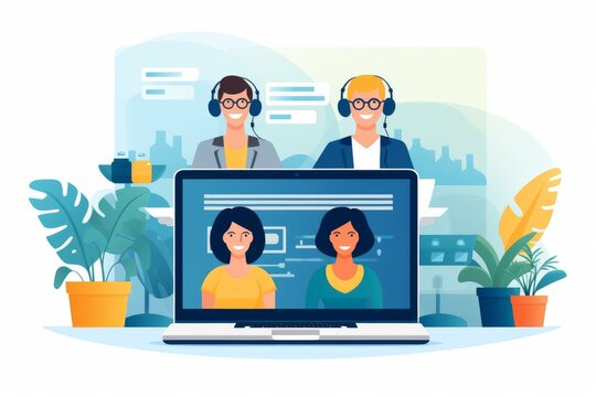 Online customer service operators wearing headsets and attending video conference with two clients on a laptop