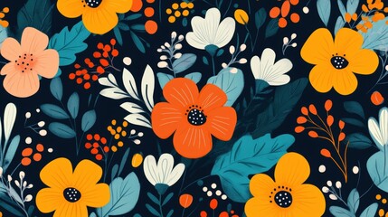 Obraz premium Bold and lively floral design features various colorful flowers and leaves set against a contrasting dark backdrop, creating a striking visual appeal