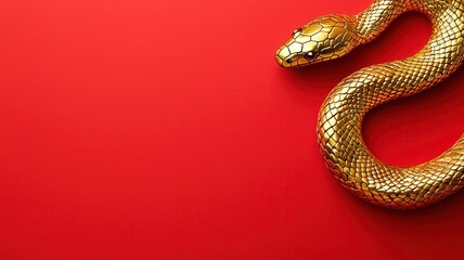 Fototapeta premium A golden snake slithers gracefully across a vibrant red background, creating a striking contrast and an eye-catching composition.