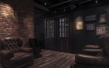 A dark interior with wooden and leather furniture, dark walls, and an industrial-style living room. Front view, mockup photography. 