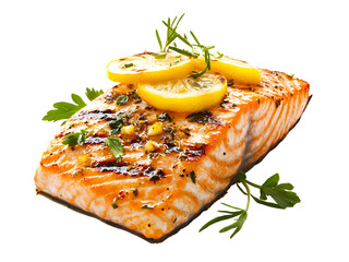grilled salmon fillet steak garnished with lemon slices isolated on transparent or white background, png cutout