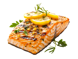 grilled salmon fillet steak garnished with lemon slices isolated on transparent or white background, png cutout