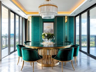 Art deco dining room with turquoise walls and velvet chairs
