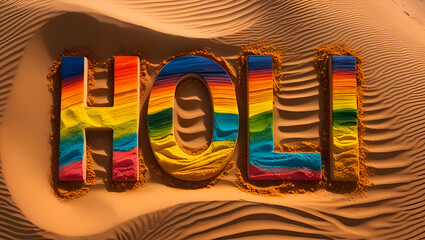 Happy Holi, colorful word of Holi made on sand of desert, National Day, Generative Ai