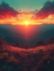 Vibrant sunset over mountain range.