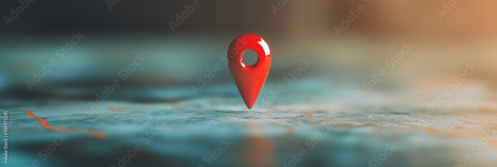 Poster Red location pin hovering above a map, representing a specific place while symbolizing navigation, travel, and the convenience of online mapping services
