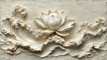 Intricate white lotus flower carved in relief on a textured beige background, resembling waves.