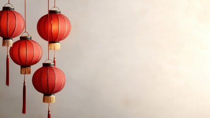 Four red lanterns hang gracefully against a light background, symbolizing celebration and good fortune, often associated with Asian cultural festivities.