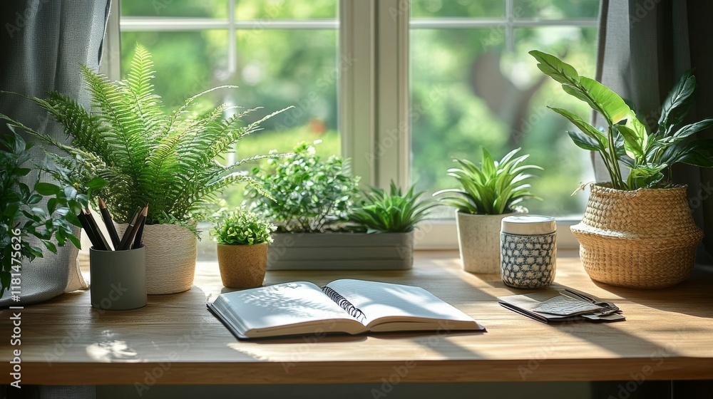 Poster cozy workspace with plants and an open notebook beside a bright window in the afternoon