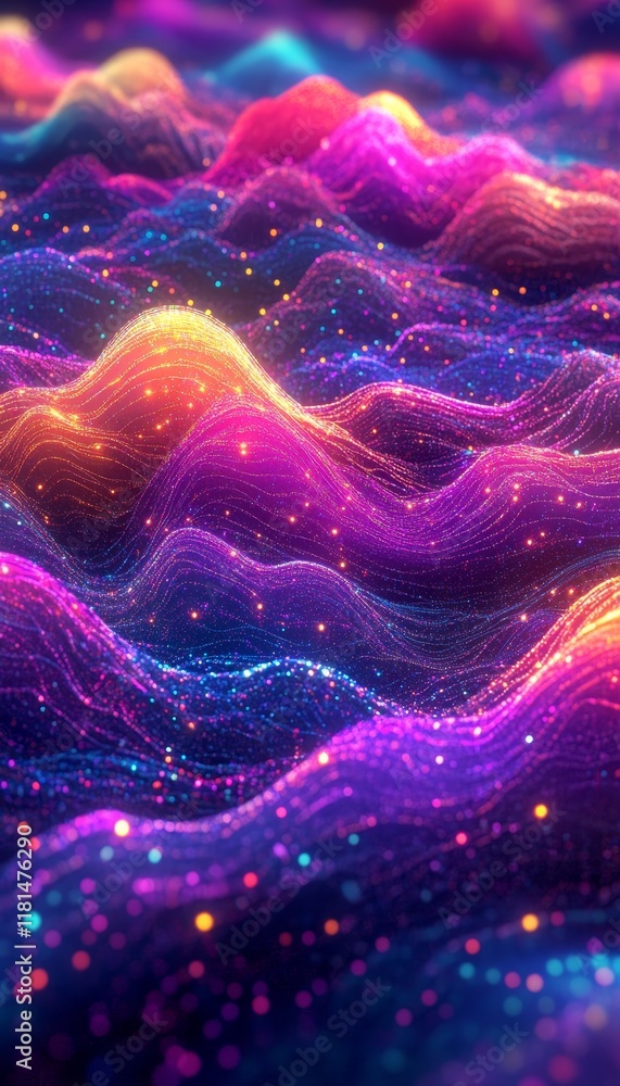 Aufkleber neon wave energy a captivating 3d render of flowing abstract ribbons with glowing particles.