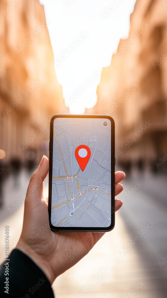 Poster Hand holding smartphone with gps navigation map and red location pin in urban environment, utilizing mobile technology for exploring city streets and travel