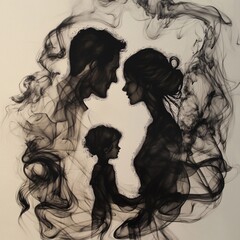 Fototapeta premium Silhouettes of a loving family surrounded by swirling smoke showing deep connection in an artistic representation of unity