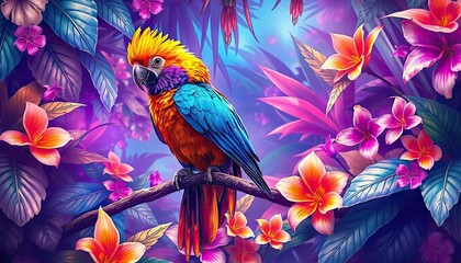 Obraz premium Vibrant Parrot Perched Amidst Colorful Tropical Flowers and Foliage