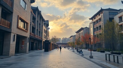 Fototapeta premium Urban Street Scene at Sunset - Modern Architecture