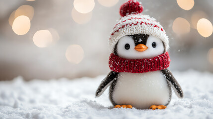 Obraz premium A cute penguin wearing a cozy winter hat and scarf, standing on snow with a blurred festive background, perfect for holiday-themed projects.