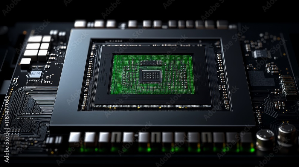 Poster close-up of a computer graphics processing unit, highlighting its complex circuitry design.