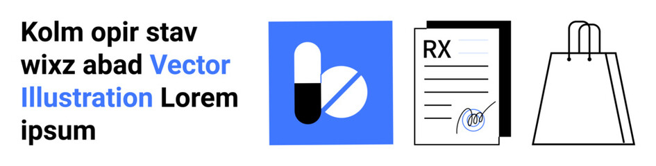 Pill and capsule icon, prescription form, and shopping bag. Ideal for healthcare, pharmacy, medical services, online shopping, retail e-commerce marketing. Landing page