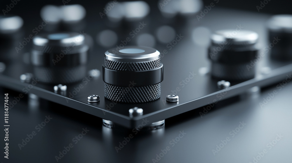 Poster close up of modern control panel with metallic knobs and buttons