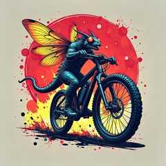Insectoid Creature Riding Mountain Bike with Vibrant Background