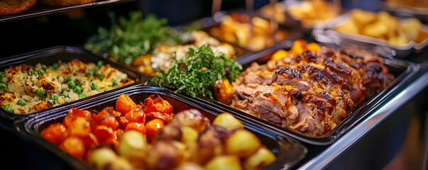 Delicious buffet food catering. Roast, potatoes, vegetables.