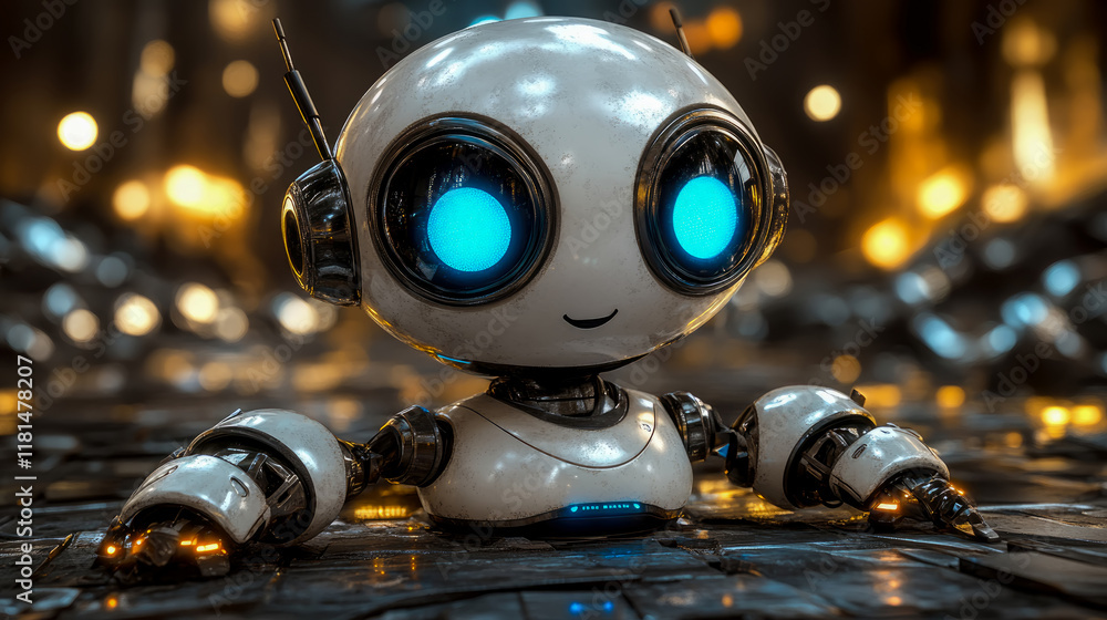 Poster friendly little robot in a futuristic setting: a digital creation