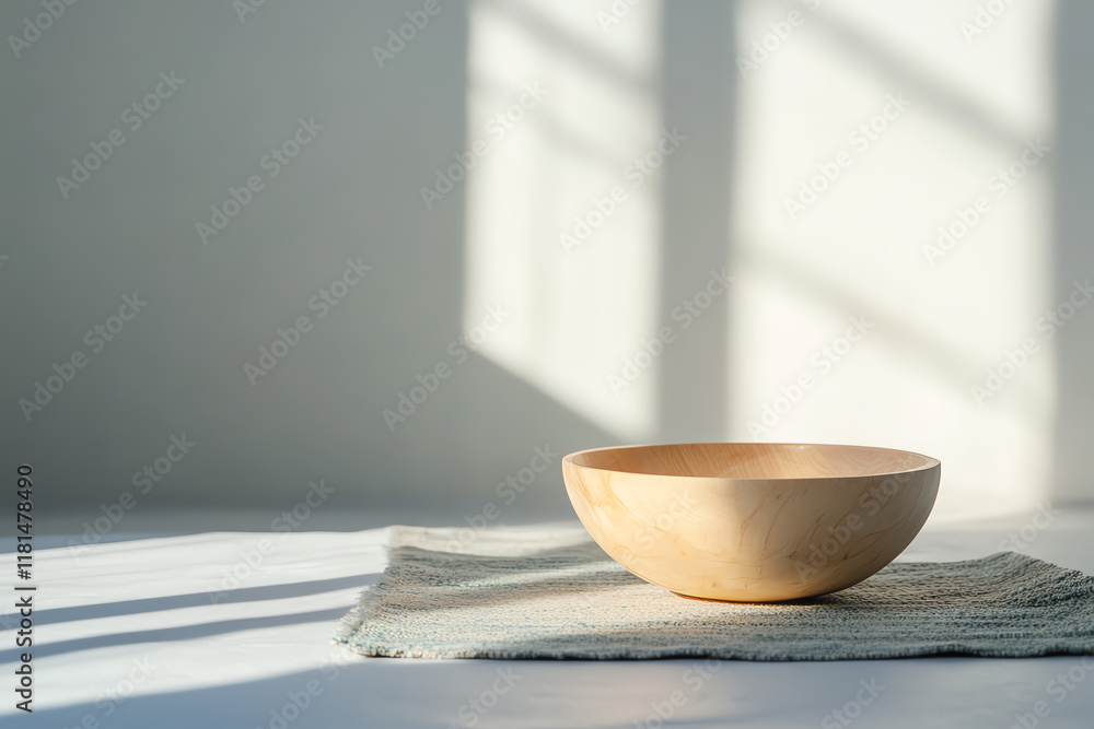 Poster a rustic wooden bowl rests on a textured cloth, softly illuminated by natural light filtering throug
