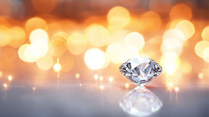 Fototapeta premium sparkling diamond on reflective surface with warm bokeh lights